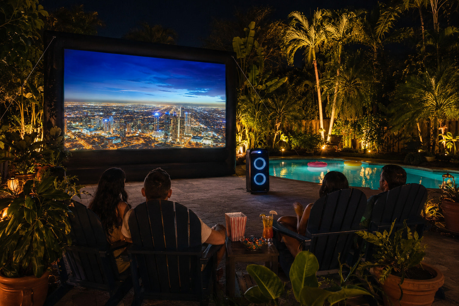 16ft inflatable movie screen set up in a Broward backyard at dusk with HD projector and JBL party speaker